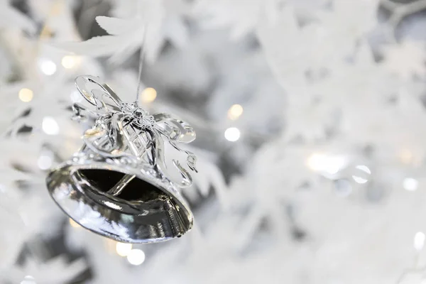 Silver Christmas Bell Decoration Blurred Sparkling Holiday Background — Stock Photo, Image