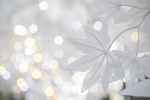 Décoratif Fête Noël Feuilles Blanches Sur Fond Flou Vacances Scintillantes — Photo