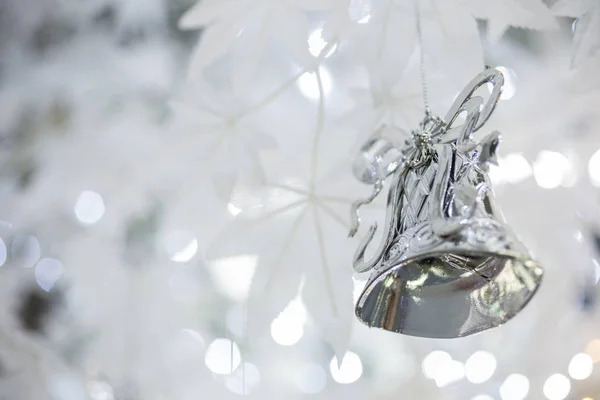 Silver Christmas Bell Decoration Blurred Sparkling Holiday Background — Stock Photo, Image