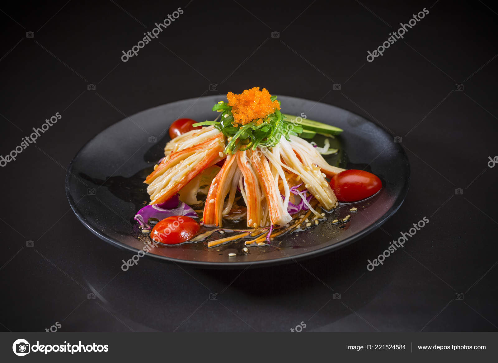 Kani Salad Topped Wakame Japanese Food Black Background Healthy
