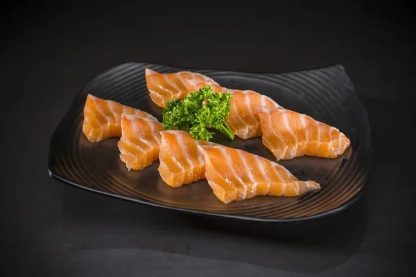 Lachs Sashimi Japanischer Essensstil Japanische Speisekarte Auf Schwarzem Hintergrund Roher — Stockfoto