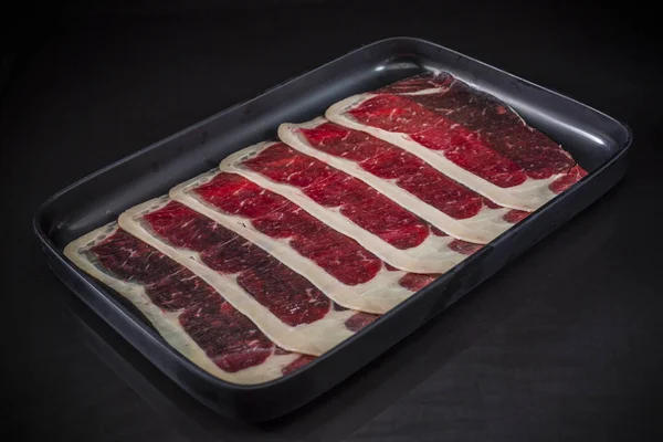 Beef Rib Slices, Thin sliced beef, shabu shabu, sukiyaki, raw food, Beef thinly sliced and placed on tray