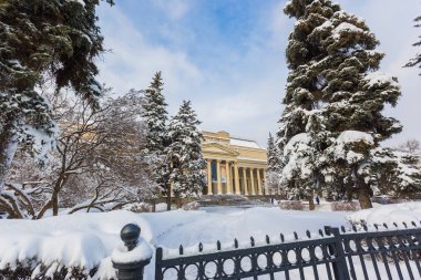 Moskova, Rusya - 05 Şubat 2018: Puşkin Müzesi, iyi kar yağışı sonra Moskova'da.