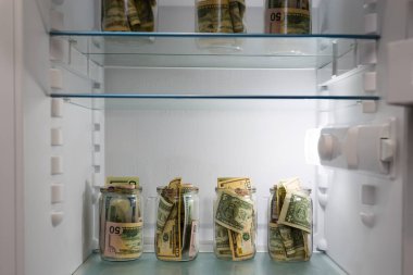Buzdolabında bir cam kavanoza dolar. Para tasarrufu. Konsept Fotoğraf.