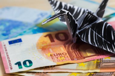 Kavramsal fotoğrafçılık siyah kuğu origami tarzı ile Euro simgesini ve rastgele olaylar-.