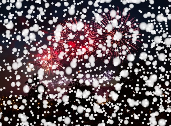 Schnee Mit Feuerwerk Auf Schwarzem Hintergrund Schöner Hintergrund — Stockfoto