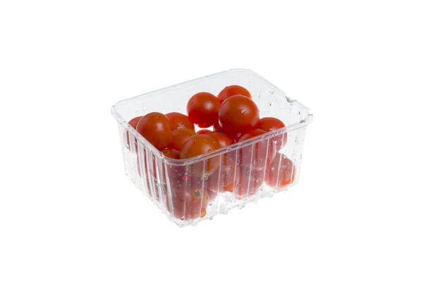 Tomates Cereja Recipiente Isolado Sobre Fundo Branco — Fotografia de Stock