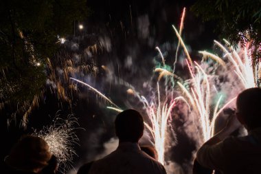 İnsanlar parlak parlayan havai fişek izlerken