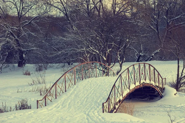 Wunderschöne Winterlandschaft Mit Einer Kleinen Brücke — Stockfoto