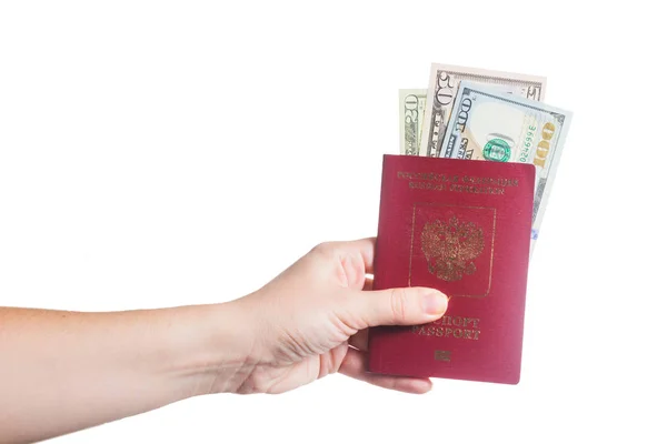 Паспорт Руке Изолированы Белом Фоне Нами Доллар — стоковое фото