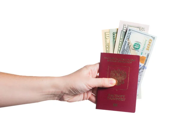 Pasaporte Mano Aislado Sobre Fondo Blanco Con Dólar —  Fotos de Stock