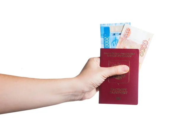 Pasaporte Mano Aislado Sobre Fondo Blanco Con Rublo —  Fotos de Stock