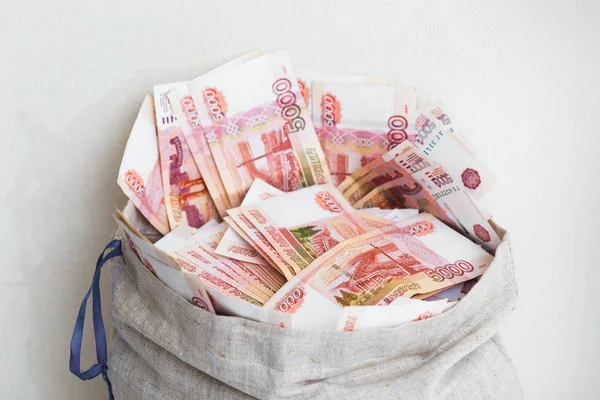 Canvas Bag Five Thousand Banknotes — Stock Photo, Image
