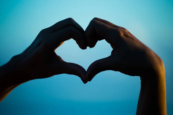 Heart Fingers Sunset Sky Background — Stock Photo, Image