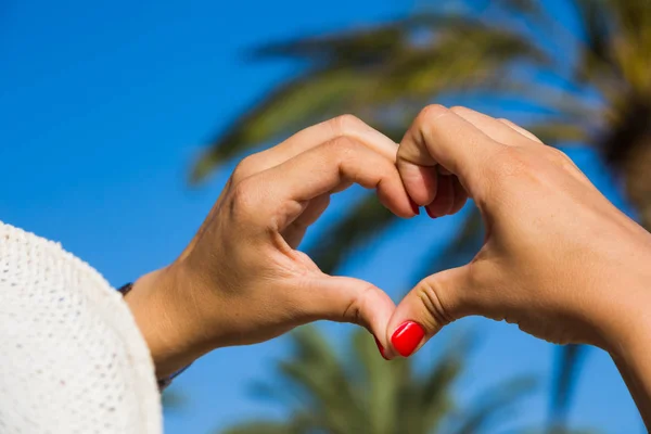 Woman Hat Shows Heart Finger Background Palm Trees Blue Sky — Stock Photo, Image