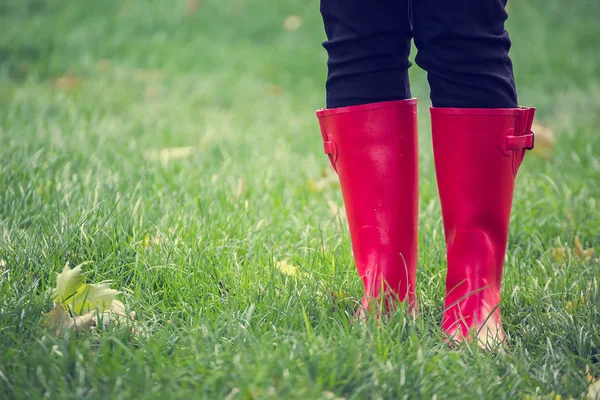 Woman legs in red rubber boots in autumn