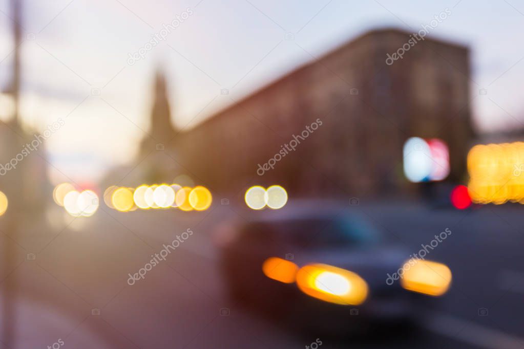 Moscow, Russia, garden ring, Smolensky Boulevard with cars in the evening with bokeh and blur effect