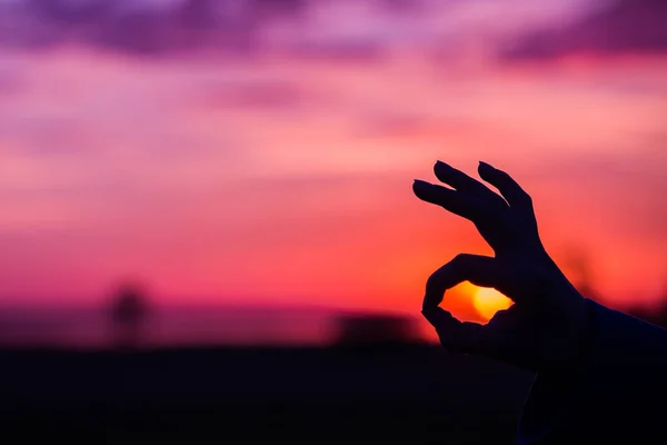 Hand Sign Good Fingers Sunset Sunrise Concept Success — Stock Photo, Image