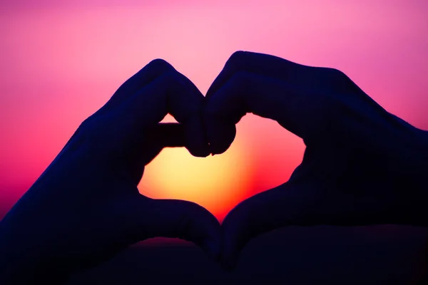 Sign Heart Fingers Background Sunrise Dawn Concept Love Valentines Day — Stock Photo, Image