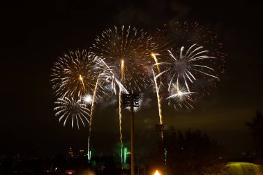 Moskova'da karanlık gökyüzünde güzel havai fişek