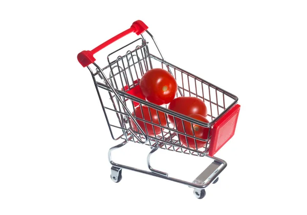 Winkelwagentje Met Rode Tomaten Geïsoleerd Witte Achtergrond — Stockfoto