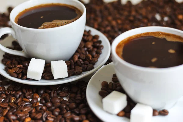 Two Morning Black Brewed Coffee Cups Sugar Cubs — Stock Photo, Image