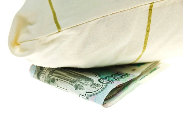 Banconote Rublo Sotto Cuscino Sfondo Bianco — Foto Stock
