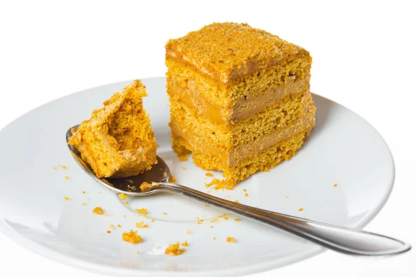 Honing Taart Plaat Met Lepel Dessert Voedsel Concept — Stockfoto