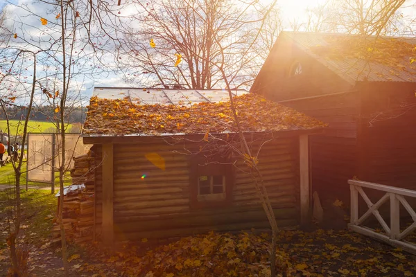 Stare Drewniane Drewniany Dom Wiejski Dach Pokryty Jest Żółtymi Listwami — Zdjęcie stockowe
