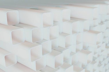 Plastik beyaz kare borular, kare bölümlü mobilya soyut sanayi illüstrasyonları, yığın halinde elementler, 3D görüntüleme