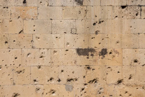 Vieux Mur Briques Blocs Pierre Avec Des Traces Balles Copeaux — Photo