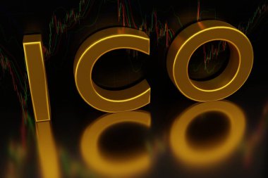Japon mumlarıyla dolu karanlık bir arka planda ICO, döviz piyasasının altın işareti, 3D görüntüleme