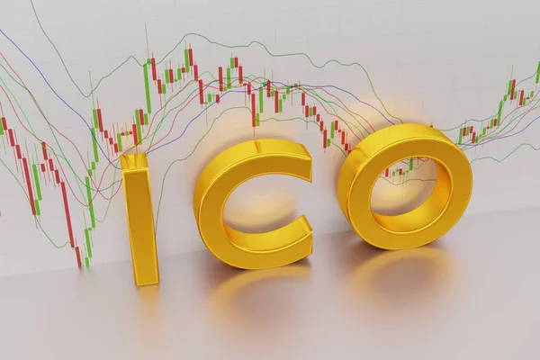ICO on a light with Japanese candles, gold sign of the currency market, 3D rendering