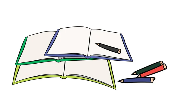 Cadernos Lápis Papelaria Desenhos Animados —  Vetores de Stock