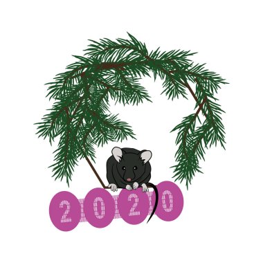 gri bir sıçan ile köknar dalları çelenk, yeni yılın sembolü