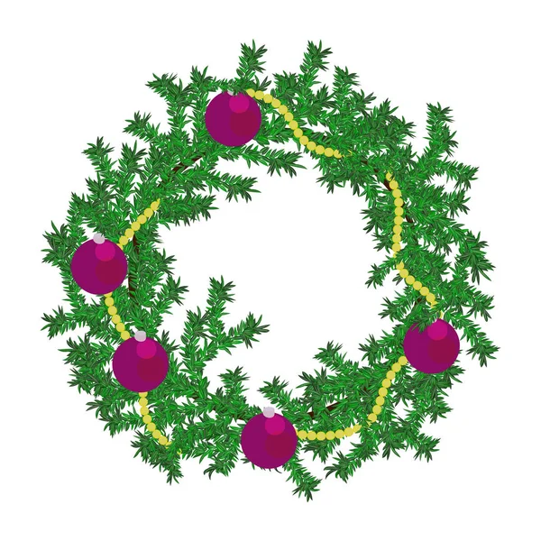 Sváteční Věnec Purpurovými Vánočními Hračkami Korálky — Stockový vektor