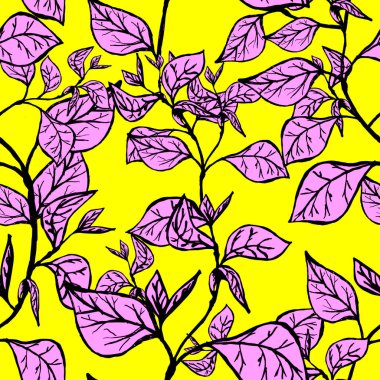 Parlak sarı bir arka planda pembe yapraklı birbirine dokunmuş dalların kusursuz çiçek desenleri.