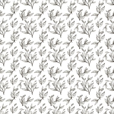 Çiçek desenli beyaz bir arka planda açık siyah yapraklar ve dallar.