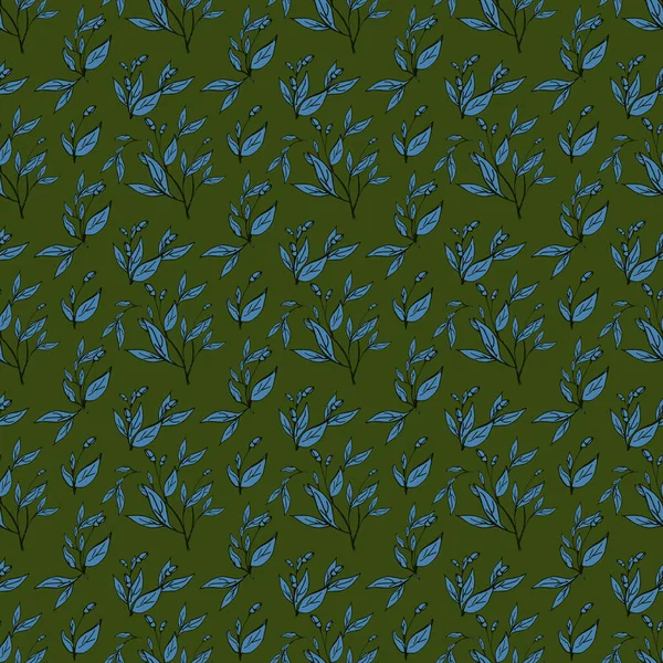 Темно Зеленый Орнамент Ткани Цветочным Узором Голубыми Листьями — стоковое фото