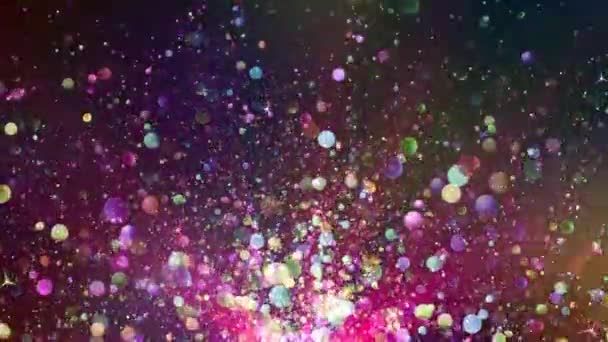 カラフルな粒子の背景は壮大なモーショングラフィックスです エレガントな多色粒子が上昇し 美しい色の粒子の泡が輝き 流れる光が漏れます 結婚式のお祝い ステージショー画面の背景 — ストック動画