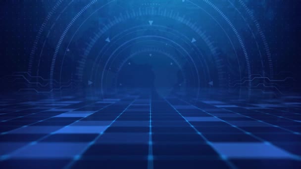 Blue tech fond numérique est un fond graphique de mouvement spectaculaire. Les carrés au sol de la technologie bleue continuent d'avancer, le HUD tourne en arrière-plan, la technologie Big Data science future .