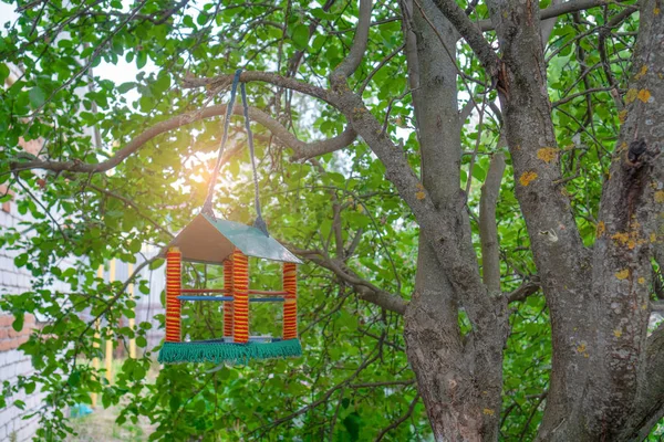 Un alimentatore per uccelli fatto in una forma di una casa in un giardino — Foto Stock