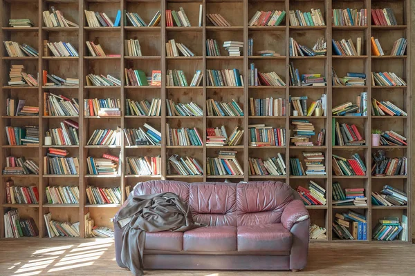 Russia, Tatarstan, April 20, 2019. The old library. Huge bookcase with books. The sun shines from the window. Old sofa on the background of many books on the shelves — Stock Photo, Image