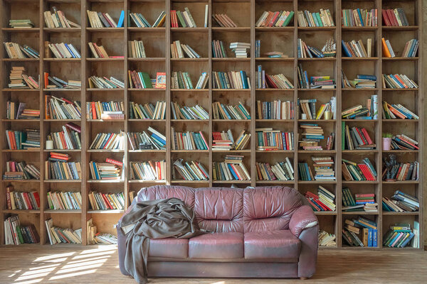 Russia, Tatarstan, April 20, 2019. The old library. Huge bookcase with books. The sun shines from the window. Old sofa on the background of many books on the shelves