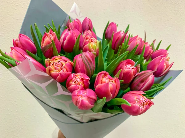 A bouquet of pink red white double peony tulips in a gray modern packaging on a white background. Happy mothers day. International women\'s day.