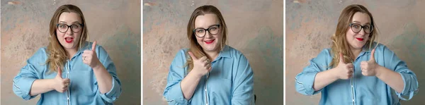 Colagem Retrato de atraente plus size em óculos mulher ter emoções positivas, alegria e surpresa isolado sobre fundo colorido. Conceito de emoções. Aumentou o polegar — Fotografia de Stock