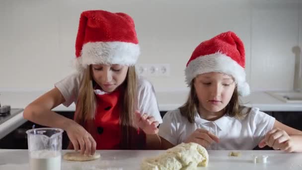 Två Söta Små Flickor Tomtehattar Och Röda Julförkläden Gör Kakor — Stockvideo