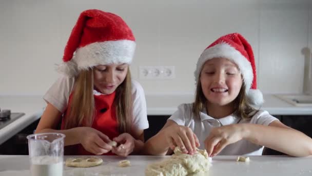 Две Очаровательные Девчонки Санта Клатчах Красном Фартуке Делают Кулинарию Своими — стоковое видео