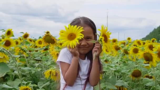 Ayçiçeği gözleri. Sevimli küçük kız bahçede dürbün gibi gözlerinde ayçiçeği tutan. Closeup çocuk portre, Bebek iki ayçiçeği ile gözlerini kapatır. — Stok video
