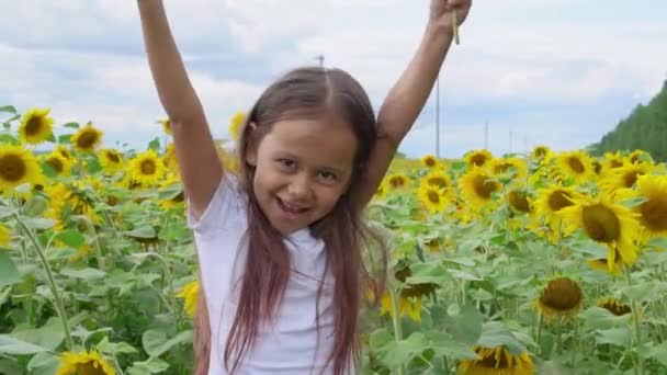 Gadis kecil yang cantik memegang bunga matahari di mata seperti teropong di kebun. Potret anak tertutup, bayi menutup matanya dengan dua bunga matahari . — Stok Video